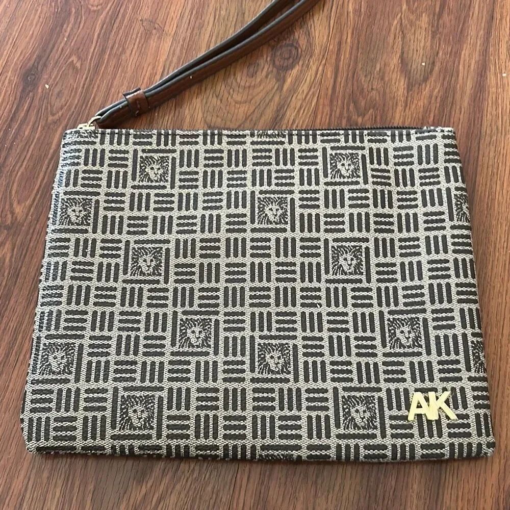 Anne Klein signature logo lion head clutch purse bag handbag brown